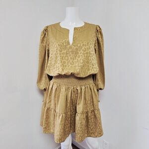 Emily McCarthy Penelope Dress Size L Camel Cheetah Animal Print Puff Sleeve NWT